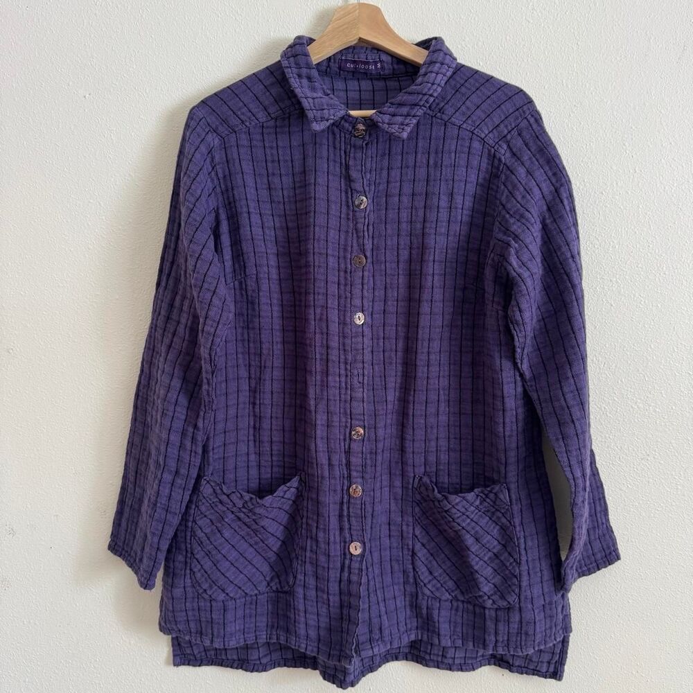 Cut Loose Checkered Purple Linen Blend Shirt Tunic M Lagenlook Patch Pocket
